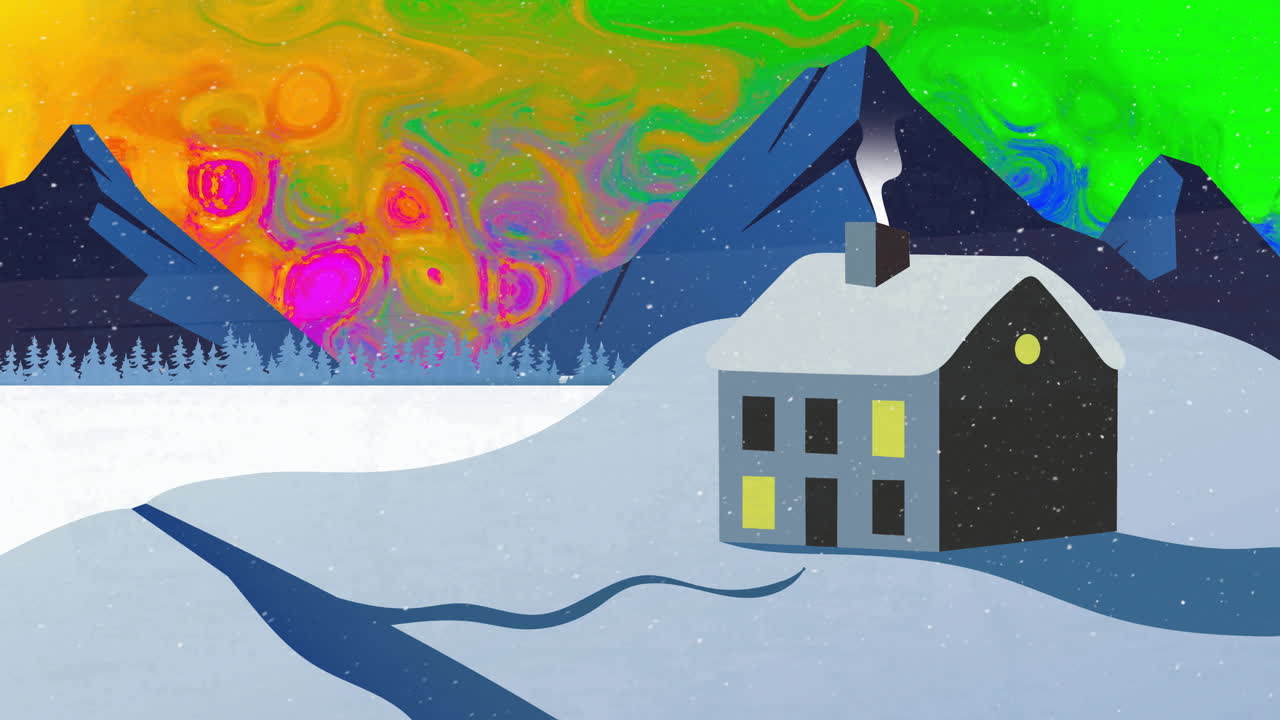Winter landscape being illustrated in flat design, with glowing cabin, pine icons, swirling aurora
