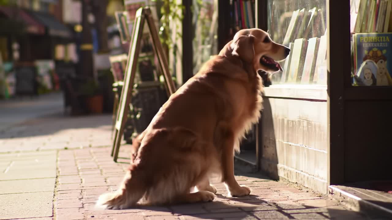 A Golden Retriever Curiously Observes the Displays in a Bookstore, Capturing the Joy and Innocence of a Dog's Enchantment with the World Around Them