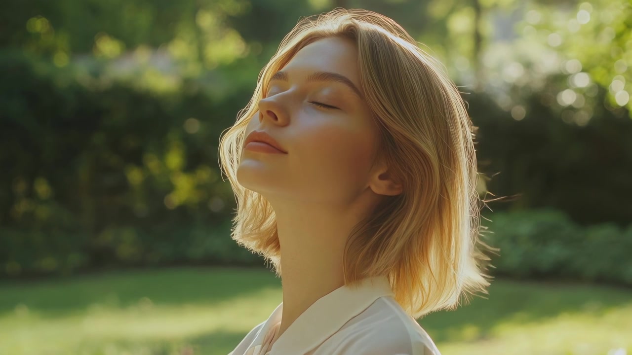 Giovane donna che si gode la calda luce del sole in un giardino tranquillo
