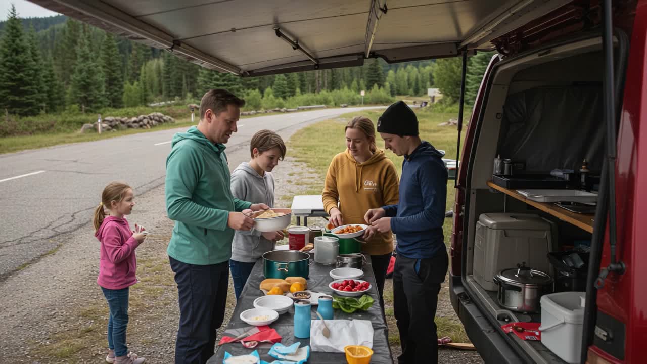 A Joyful Outdoor Cooking Experience: Families Bonding Over Delicious Meal Preparations Amidst Nature's Beauty and Fresh Ingredients