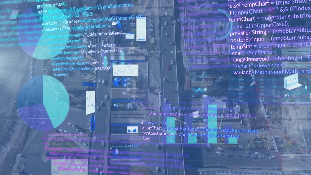 animación de múltiples gráficos, bases de datos y lenguaje informático sobre una vista aérea de la ciudad.