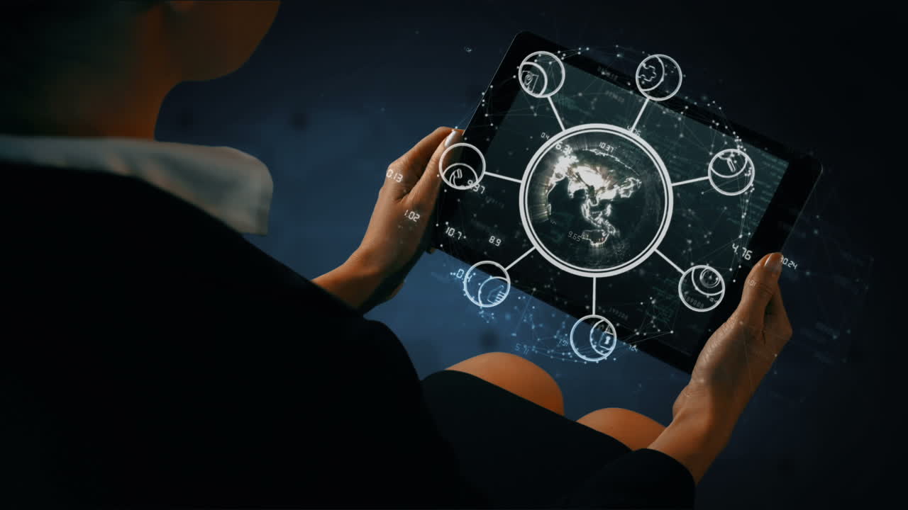 Businesswoman using tablet with digital animation