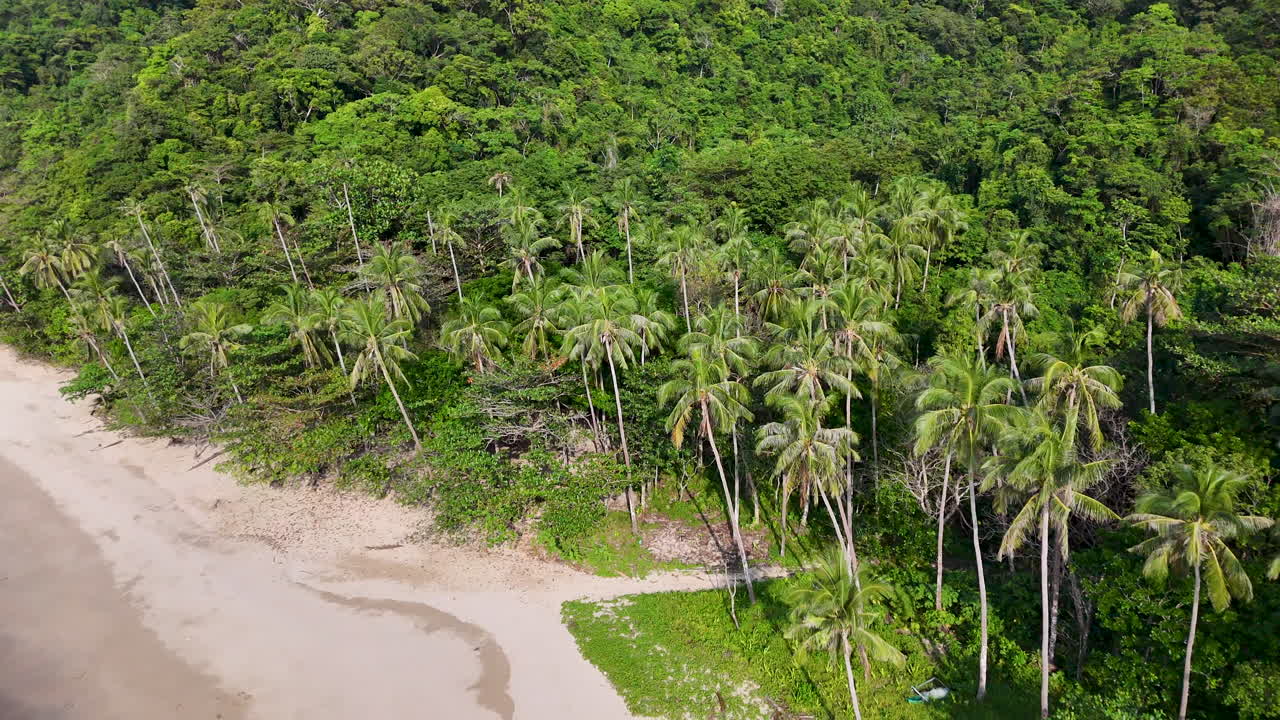 Aerial drone footage of El Nido, Philippines, showcasing stunning sandy beaches, lush tropical forests, and a serene island paradise. Revealing shot of beautiful sandy beach.