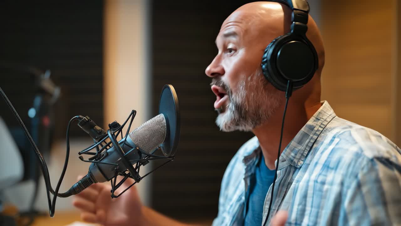 man recording podcast with microphone and headphones