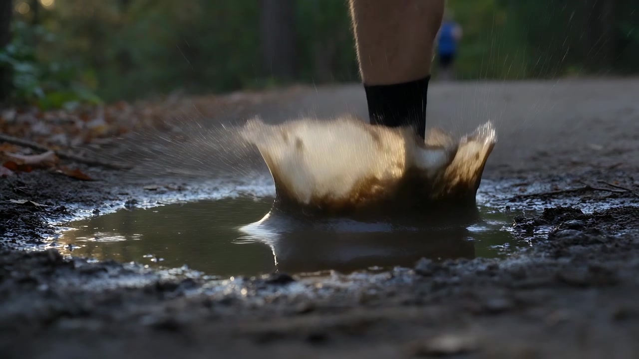 La scarpa di un corridore che colpisce una pozzanghera su un sentiero nel bosco, con calzini neri e schizzi di fango durante la corsa.