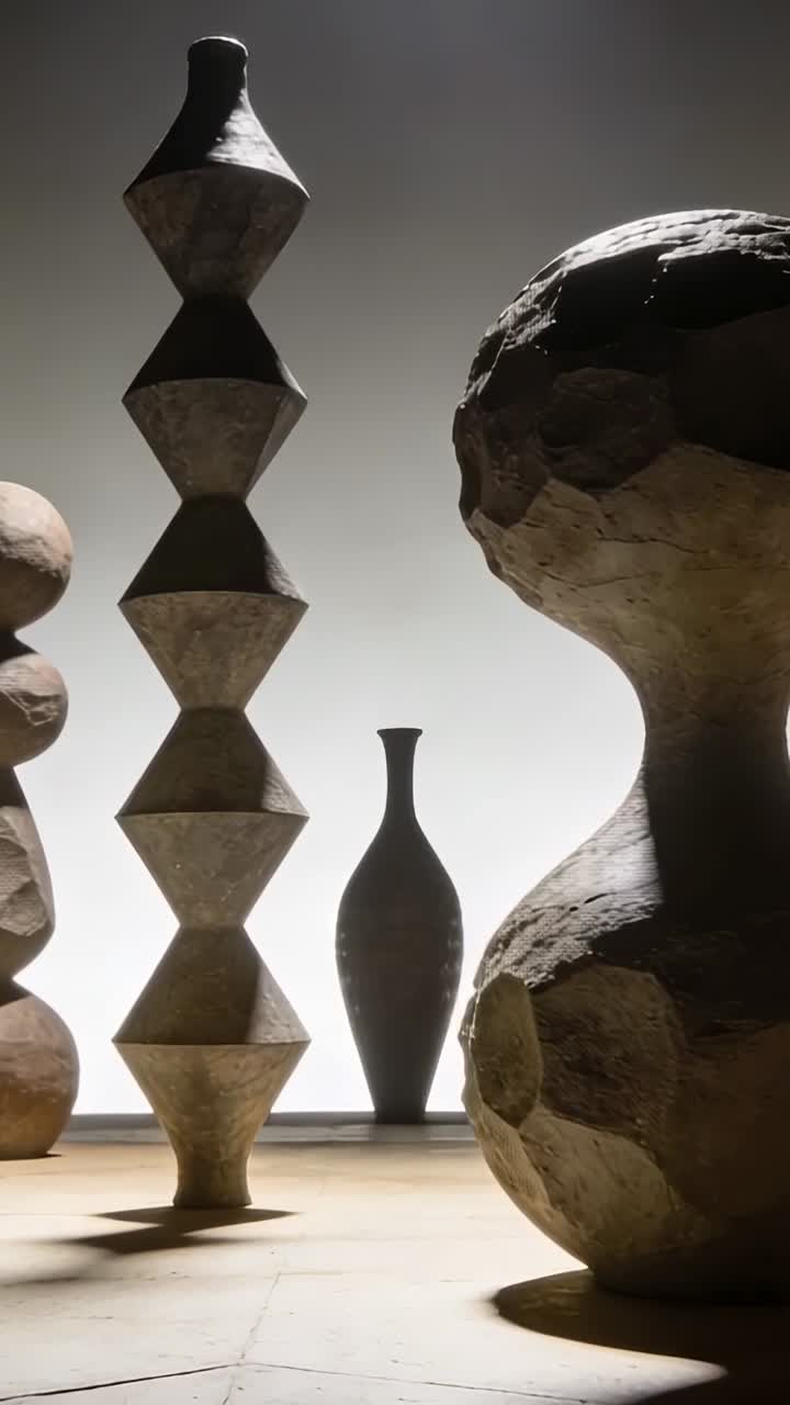 Vertikal video: Panorerende kamera i galleri som viser fasettert søyle, kuppelformet stein, vase, plass til tekst.