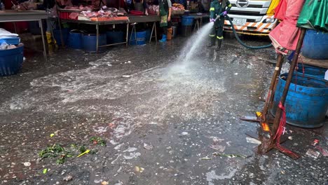 worker sprays water to clean urban street