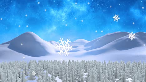 Animation-of-snow-falling-over-fir-tree-in-winter-landscape