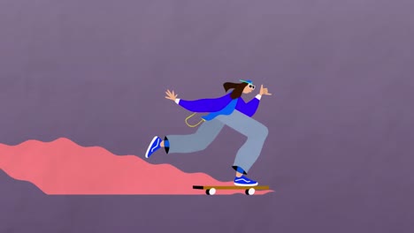 dibujos animados de un hombre montando en patineta con un sendero rosa detrás