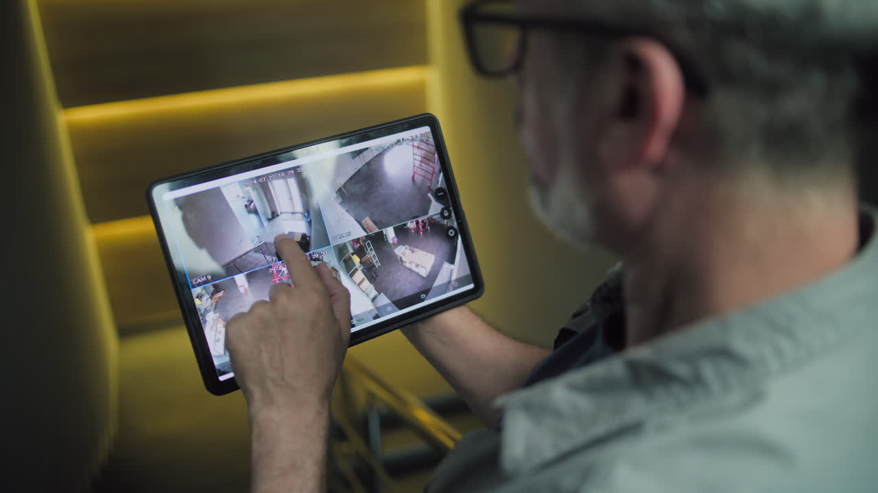 hombre monitoreando cámaras de seguridad en una tableta