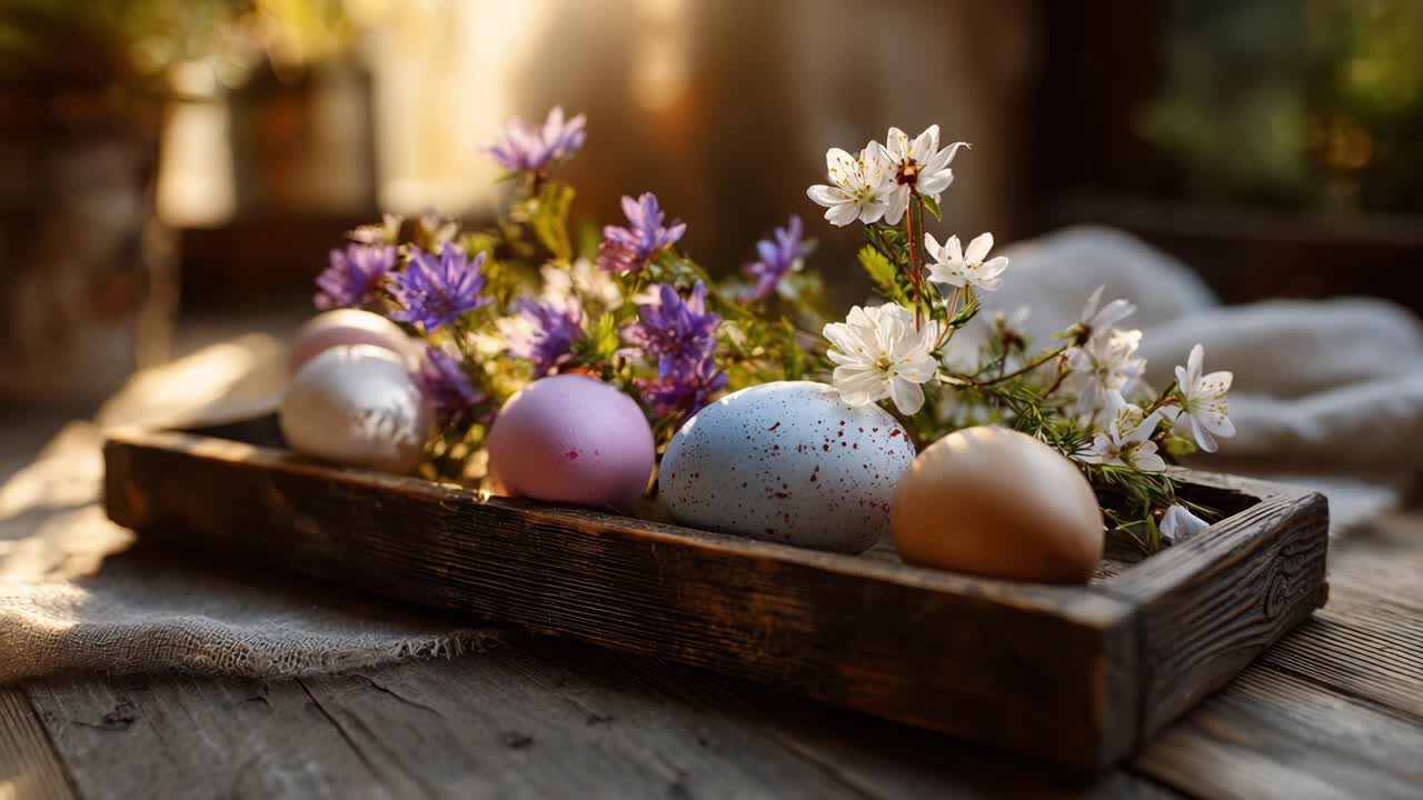 A Charming Display of Colorful Easter Eggs Nestled Among Delicate Wildflowers in a Rustic Wooden Tray, Celebrating Spring and Seasonal Joy