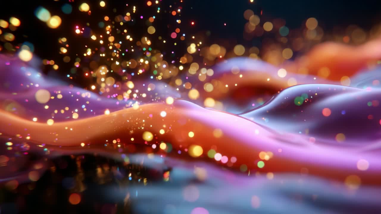 A mesmerizing display of vibrant colors and shimmering lights cascades across a flowing, abstract surface, creating a captivating visual experience that enchants the viewer with its dynamic beauty and depth