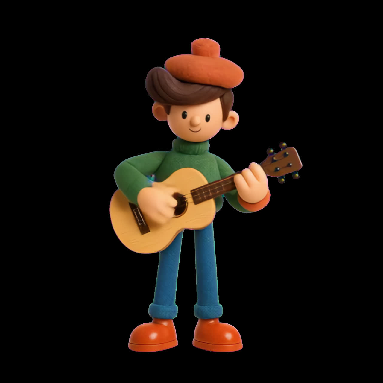 Playful character strumming guitar animation isolated asset, transparent 4K video, alpha channel