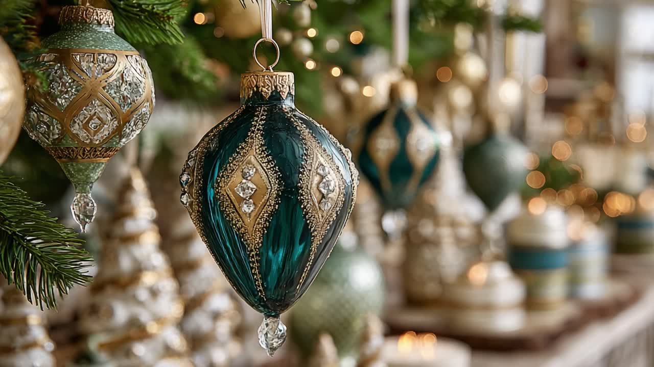 Ornamentos de Natal requintados exibidos elegantemente entre decorações festivas, exibindo cores ricas, detalhes brilhantes e charme tradicional para uma celebração alegre