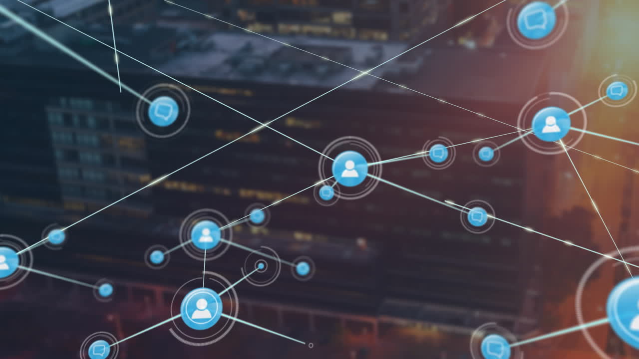 Showing flat design network of glowing user avatars and chat bubbles linking over blurred cityscape