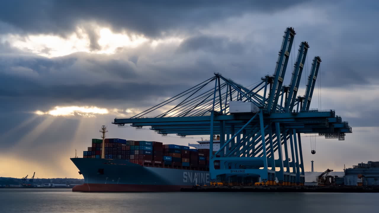 Container ship at port with cranes