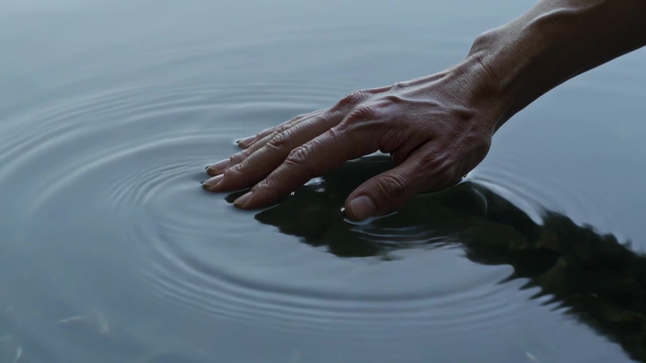 Approaching hand with bare forearm and dark nails touching pond, making ripples showing reflection