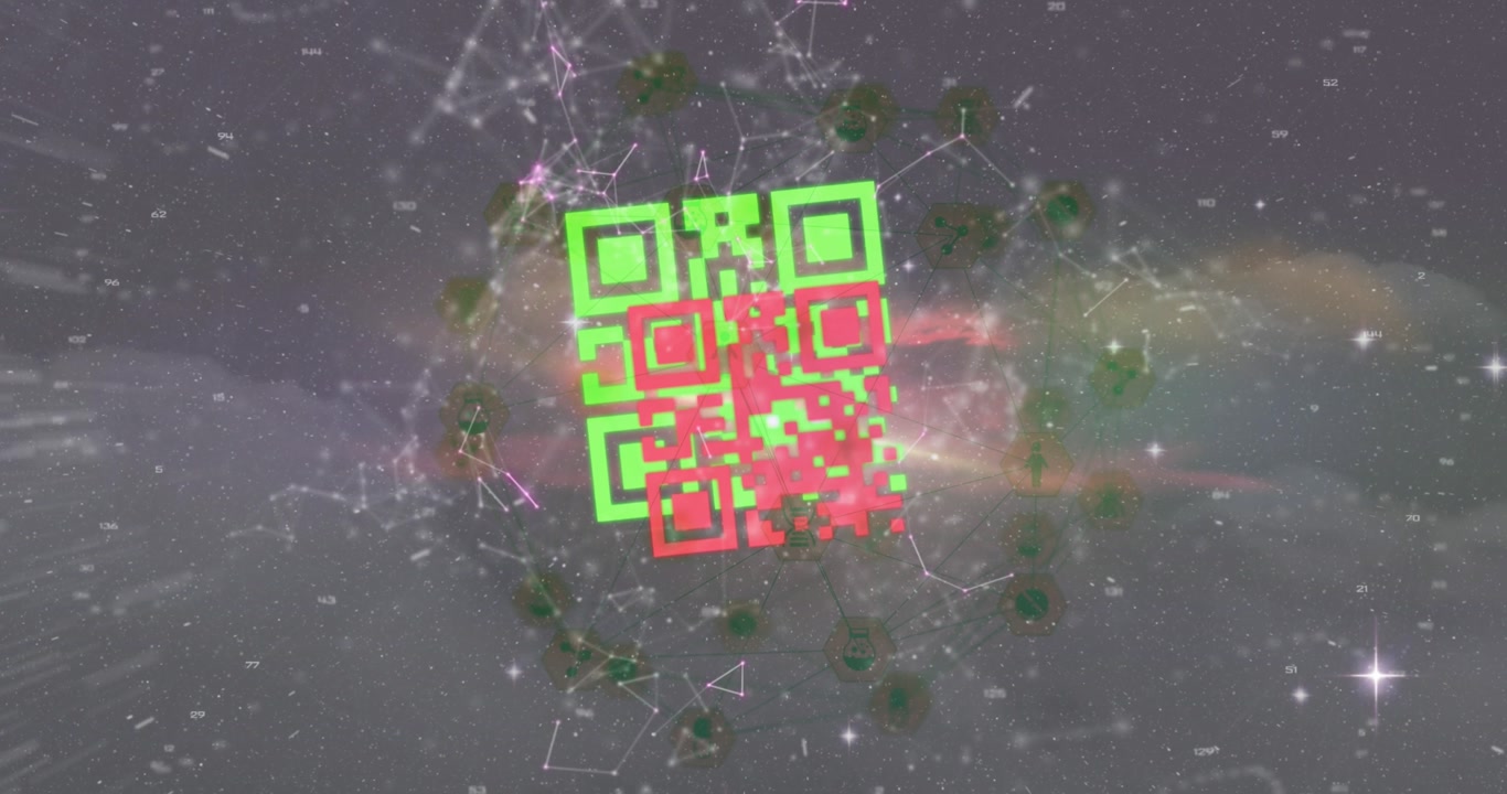 Animation of red and green qr codes over networks of communication and lights on dark background