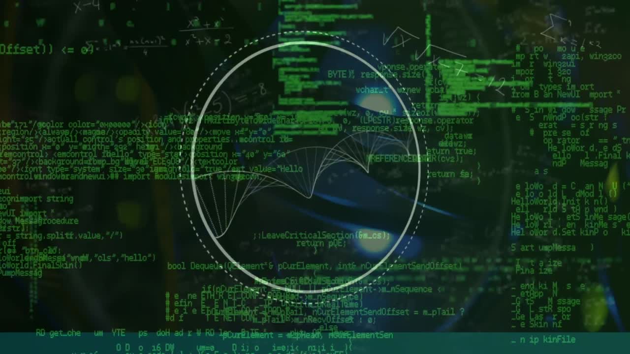 Animation of circular scanner and particles forming helix over green data processing