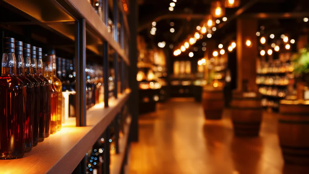 Liquor store with whiskey, wine, and barrels