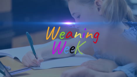 weaning week text and spot of light over caucasian girl studying at school