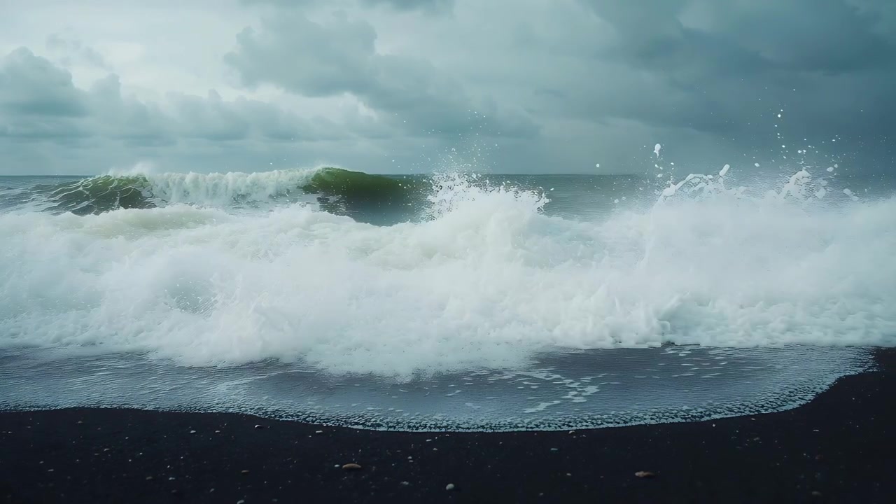 Driving storm wind pushing swell, breaking waves surging onto black sand beach with white surf