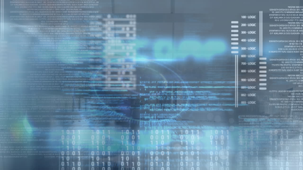 Animation of diverse computer data over timelapse with businesspeople walking