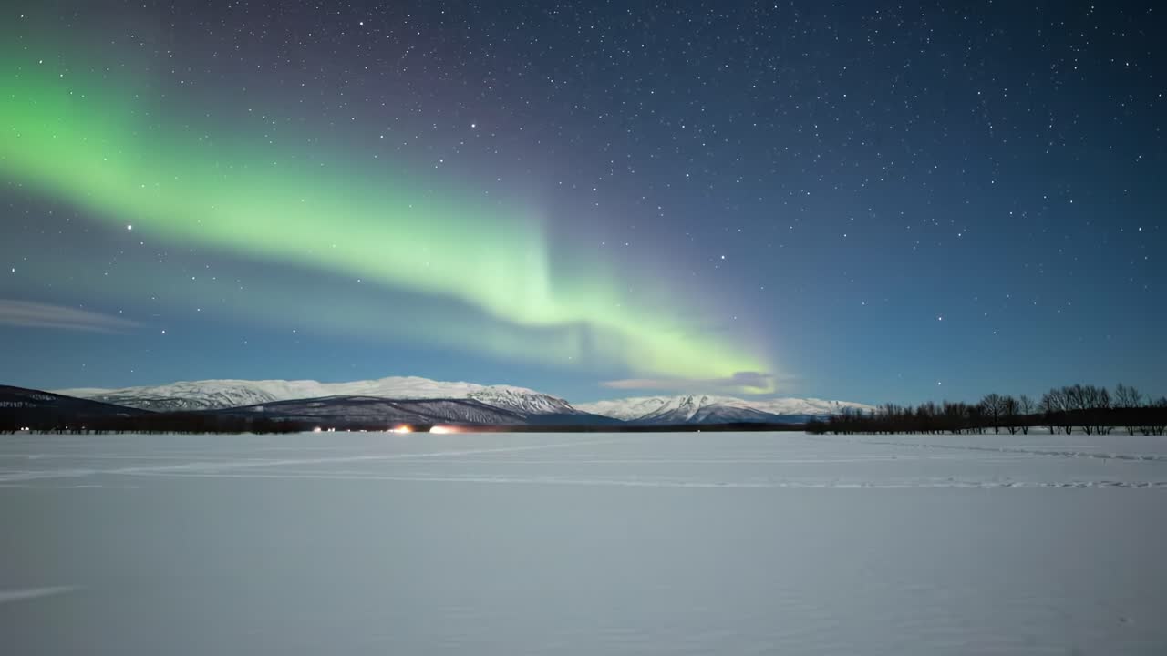 Stunning Time-Lapse of the Northern Lights Dancing Across the Starry Sky Over a Serene Snow-Covered Landscape Illuminated by Moonlight