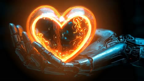 una mano robot sosteniendo un corazón brillante en la palma de una mano