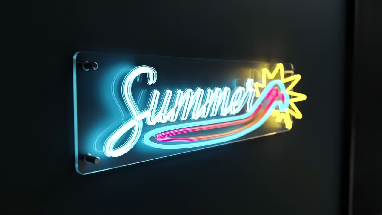 Letrero de neón vibrante de verano iluminando una pared oscura