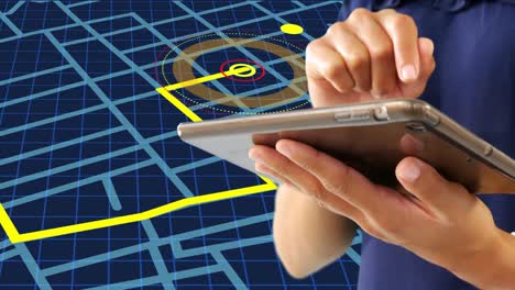 Mid-section-of-a-woman-using-a-digital-tablet-against-navigation-map-line-scheme-on-blue-background