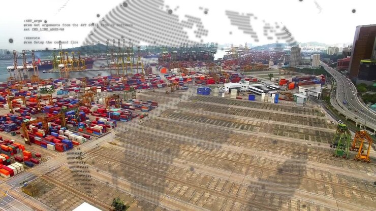 Sovrapposizione di un globo punteggiato che appare in dissolvenza e ruota sopra gru e un cantiere, visualizzando la logistica.