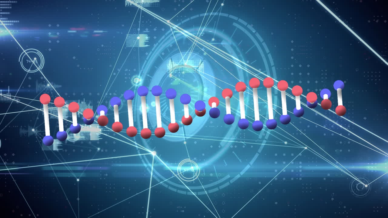 Animation of dna strand over data processing and network of connections