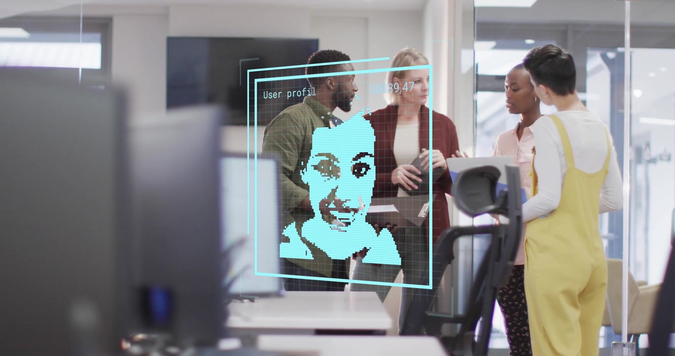 Animation of digital profile pictures over diverse coworkers sharing ideas in office
