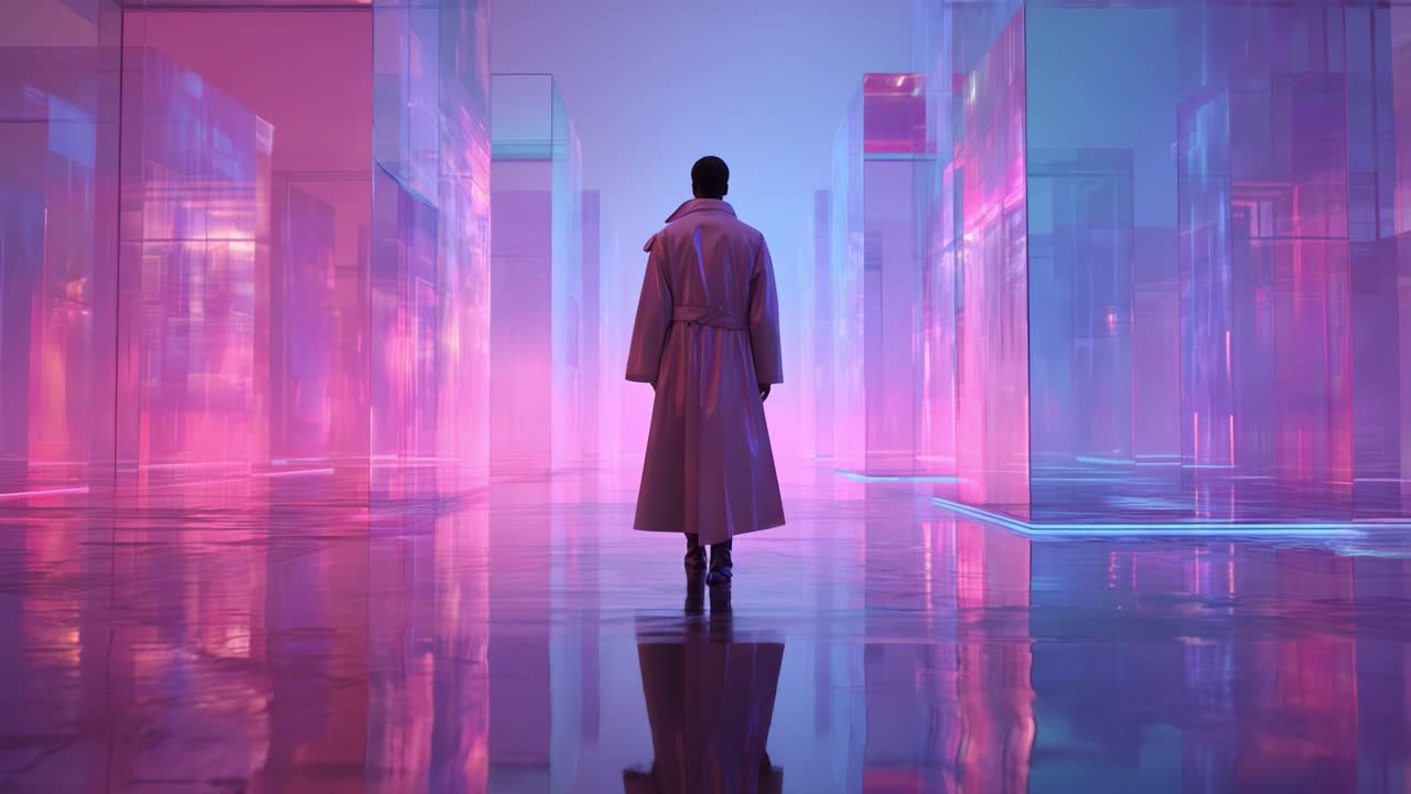 A Futuristic Urban Scene with a Person in a Coat