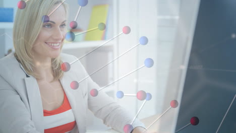 animación de una cadena de adn sobre una mujer de negocios caucásica usando una computadora