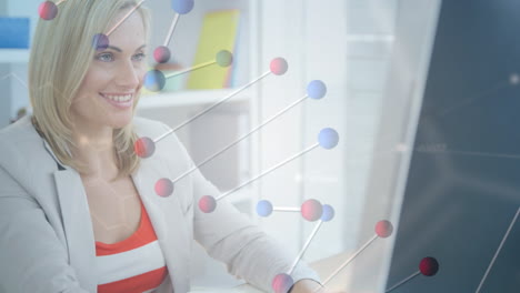 animation of dna strand over caucasian businesswoman using computer