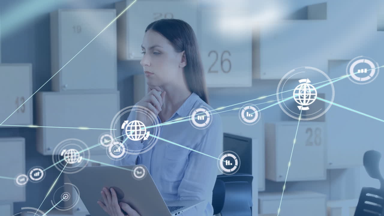 Holding laptop with digital network animation, businesswoman working in office