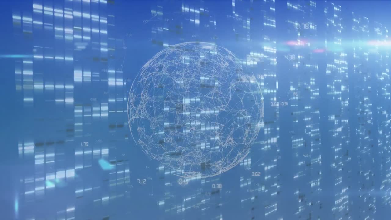 Animation of globe spinning with data processing and network of connections