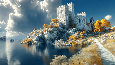 picturesque castle on island surrounded by vibrant autumn foliage