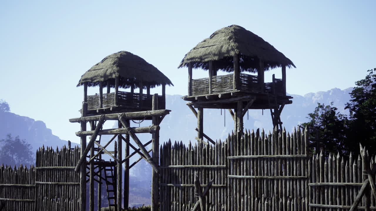 Ancient wooden watchtowers surrounded by a tall wooden palisade during daylight