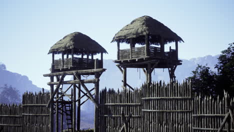 ancient wooden watchtowers surrounded by a tall wooden palisade during daylight