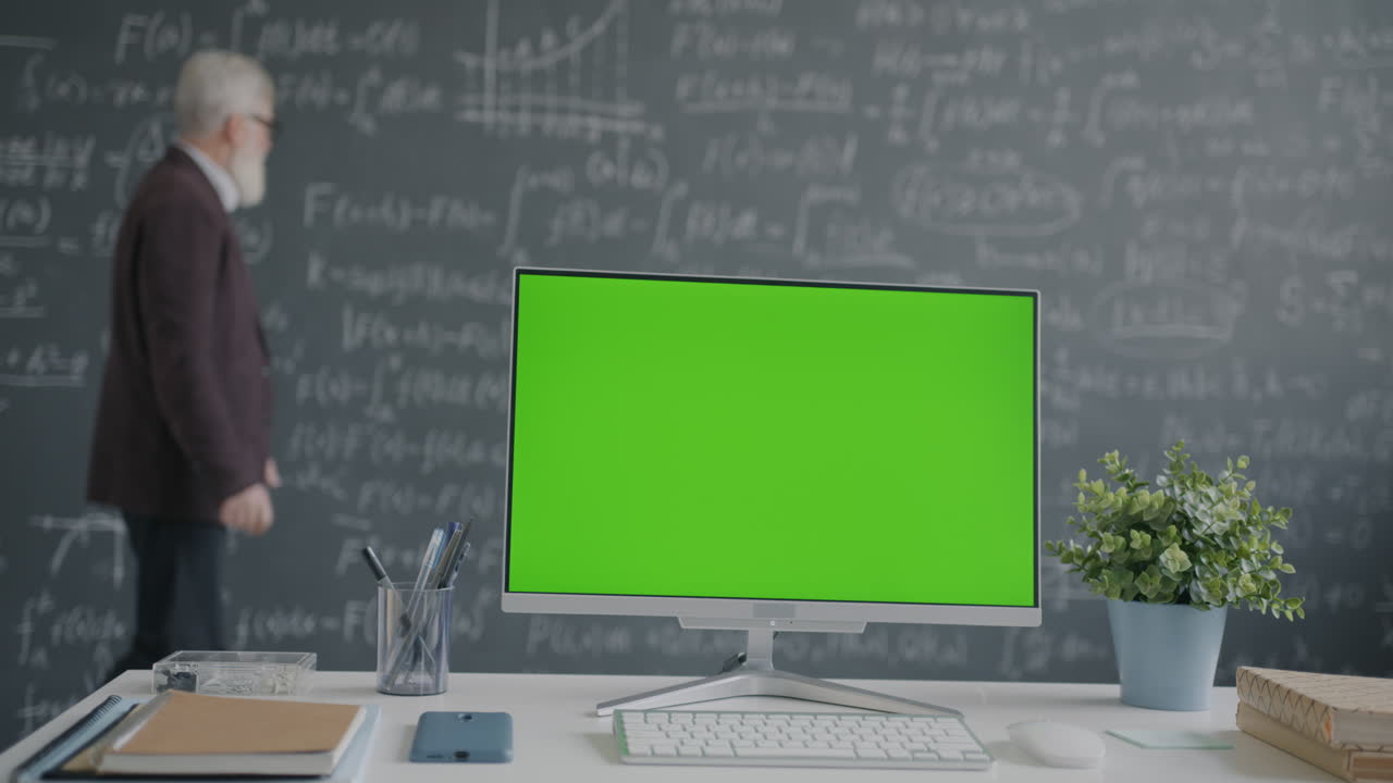 Teacher in front of a green screen computer in a classroom