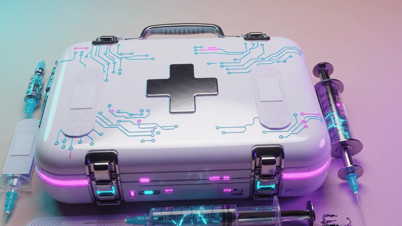 High-tech lékařská souprava s neonovými stříkačkami a obvodovými vzory, ukazující průsečík zdravotnictví a technologie v moderní medicíně.