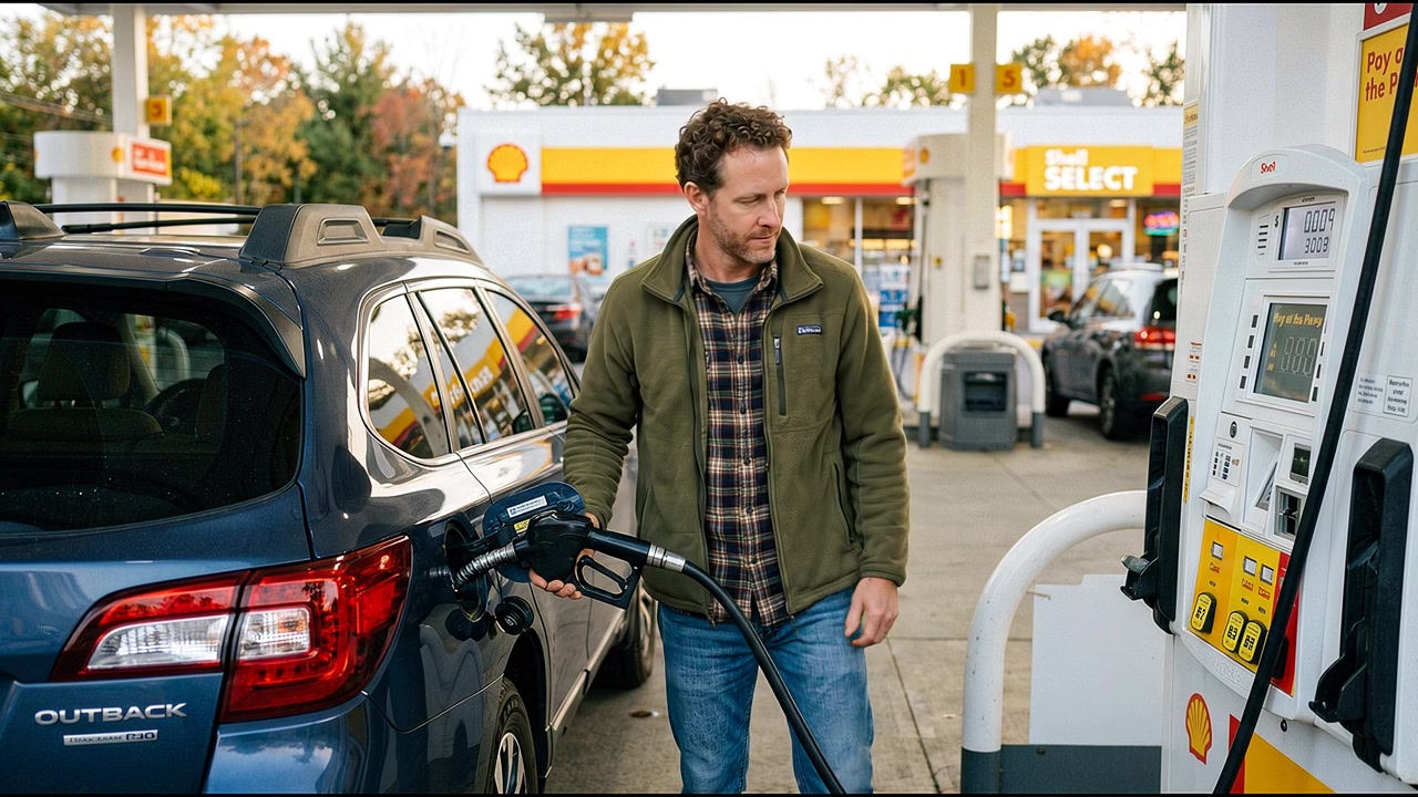 Hombre repostando combustible a un SUV en una gasolinera, de pie junto al surtidor al aire libre.