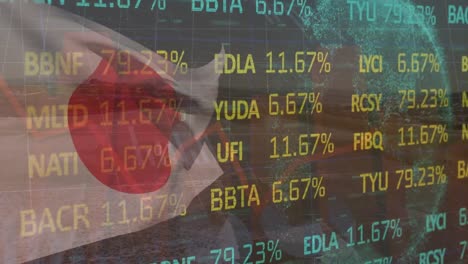 animation of multicolored trading board over waving flag of japan and digital globe