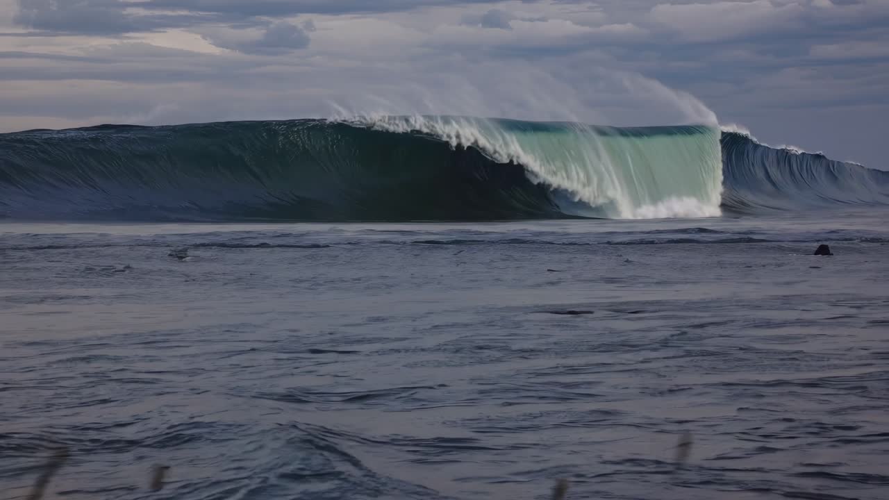 강력한 바다 파도가 튜브 모양의 형식으로 굴러, 바위가 많은 해안선을 따라 극적으로 깨지고, 강렬한 스프레이와  폼이 거친 해안선에 맞서 폭포로 떨어집니다.