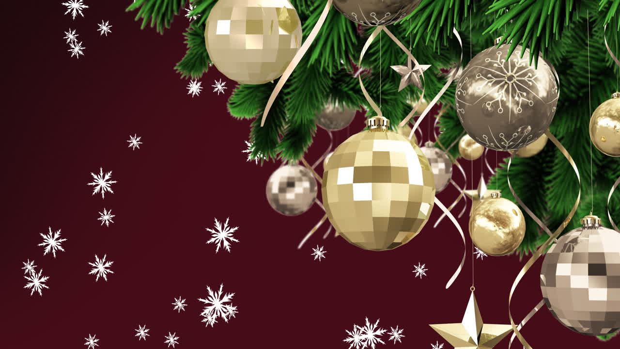 animación de la nieve cayendo sobre la decoración de navidad en fondo borgoña