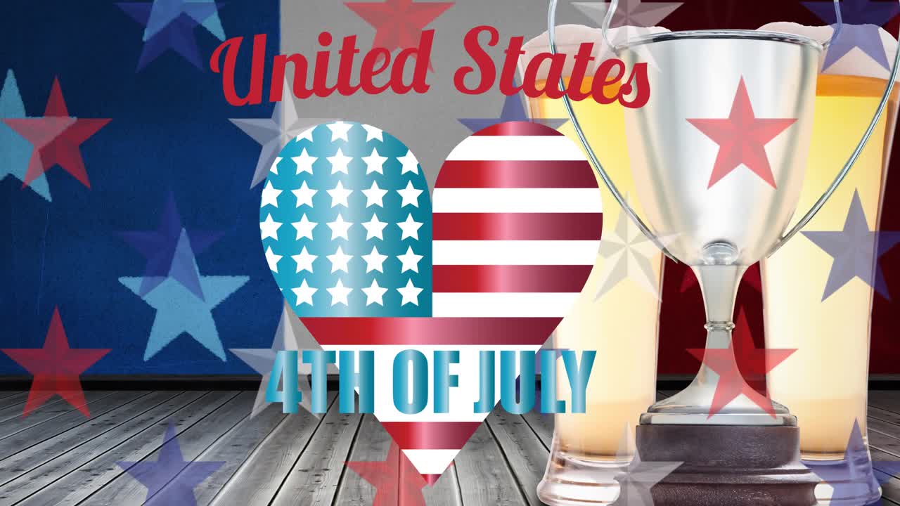 미국 패턴과 컵의  ⁇ 발 위에 있는 독립기념일 텍스트의 애니메이션