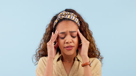 burnout, headache and young woman in studio